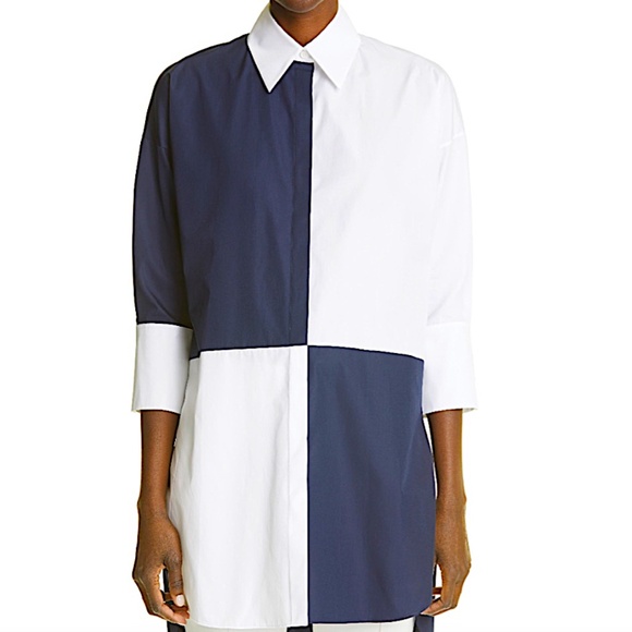Akris Punto Three-Quarter Sleeve ColorblockTunic in navy/white